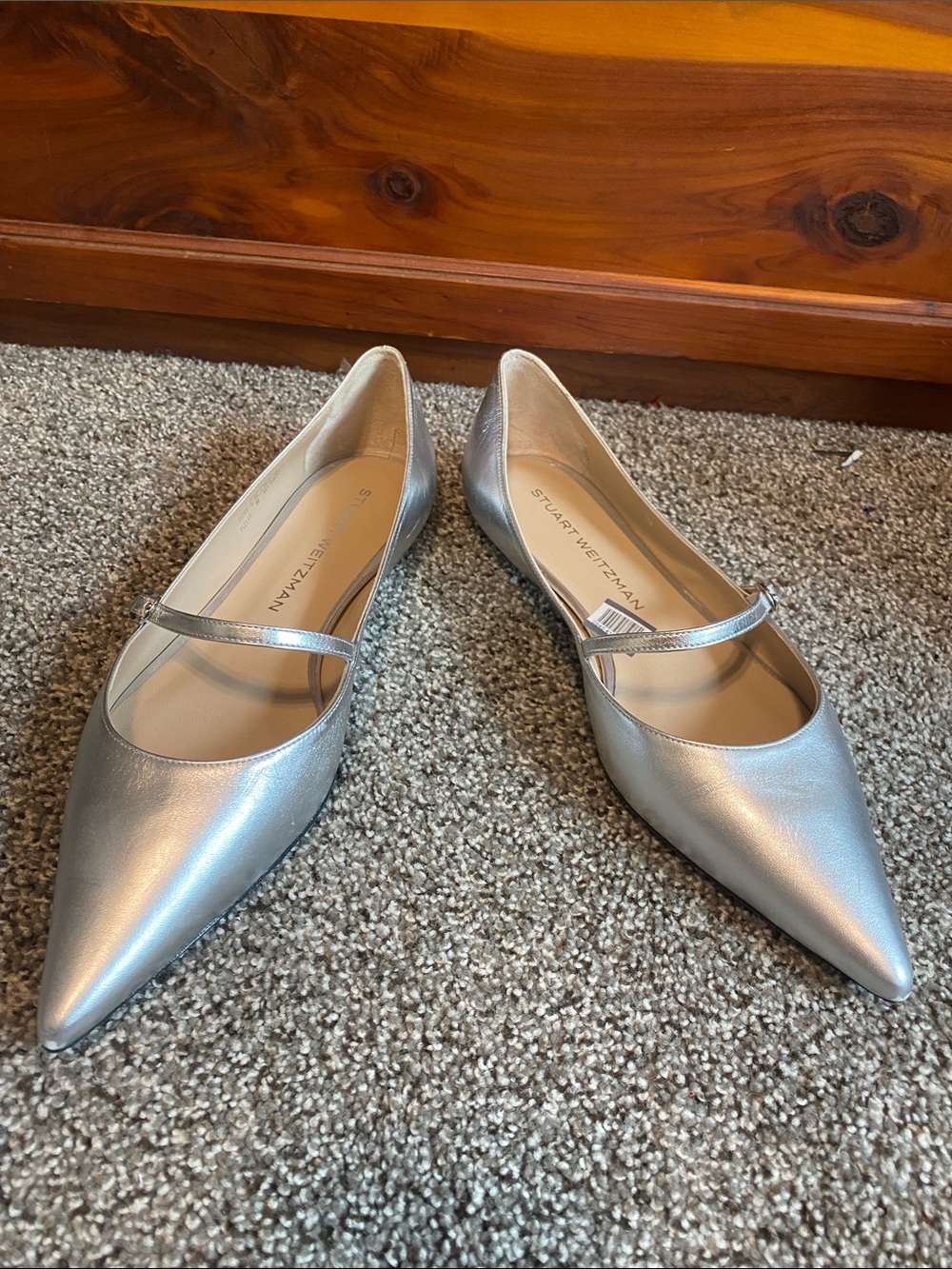 Stuart Weitzman Metallic Silver Pointed Mary Jane Flats